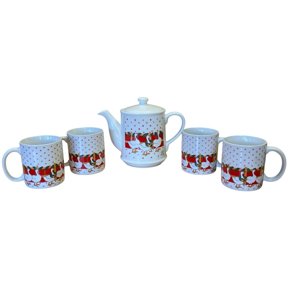 1970s Vintage Holiday Duck Teapot Mug Set Christmas Country Decor